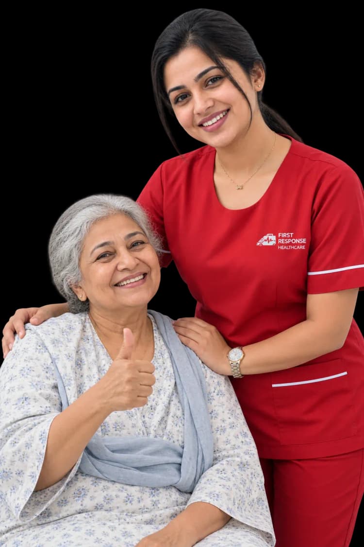 Elderly woman with nurse receiving compassionate home catheter care.