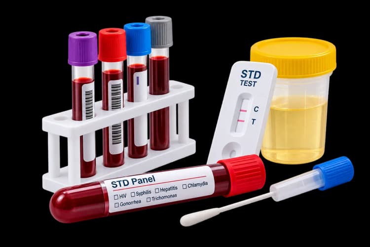 At-home STD screening with blood, urine, and swab test samples.