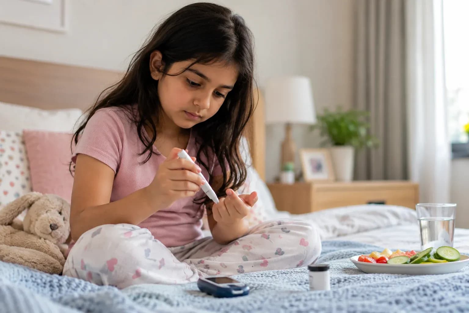 Child checking blood sugar for diabetes