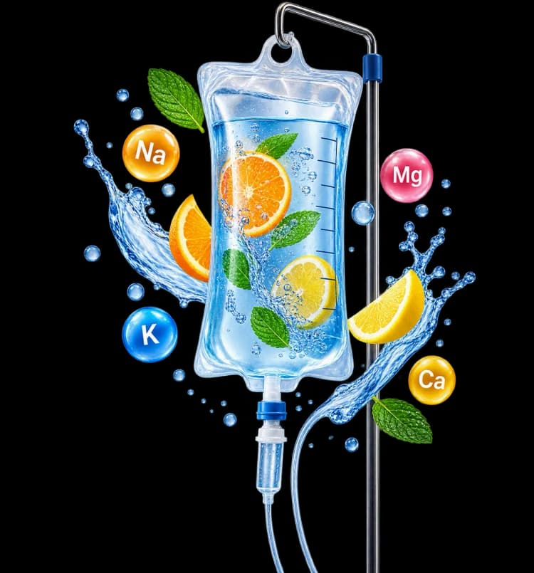 IV hydration bag with electrolytes, citrus, and mint for fluid replacement.