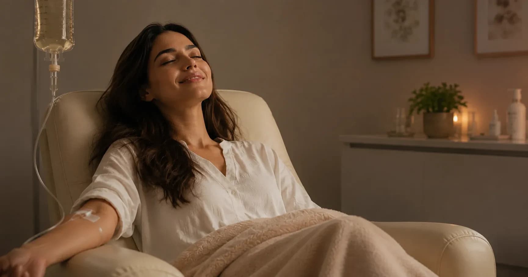 Woman relaxing during IV drip therapy