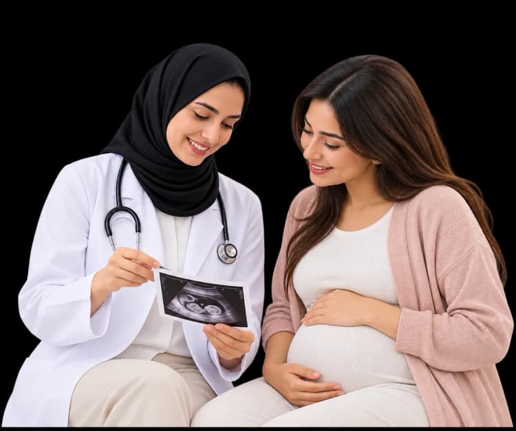Doctor discussing beta hCG test results with a pregnant woman.