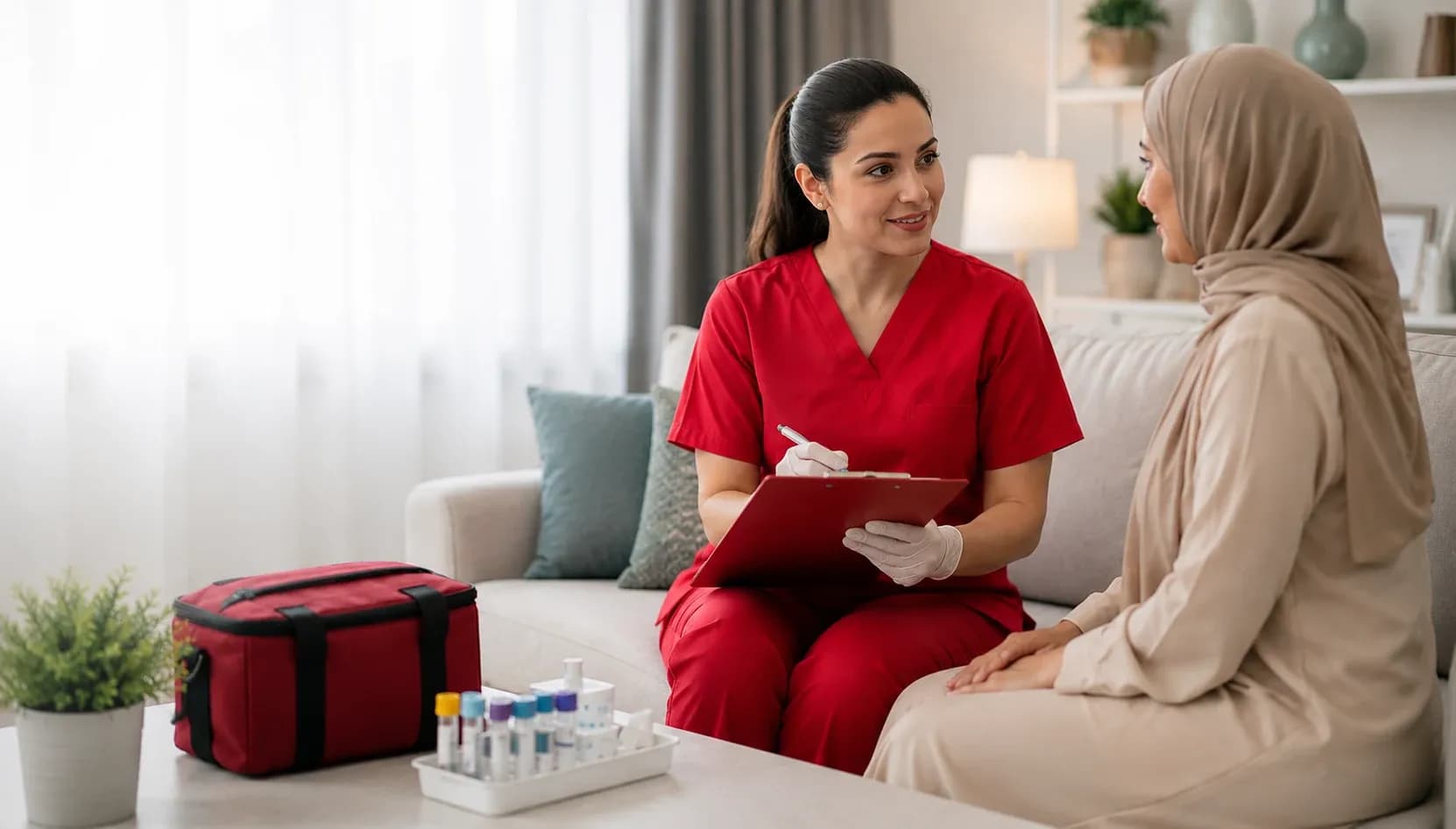 Nurse providing private at-home STD testing to a woman.