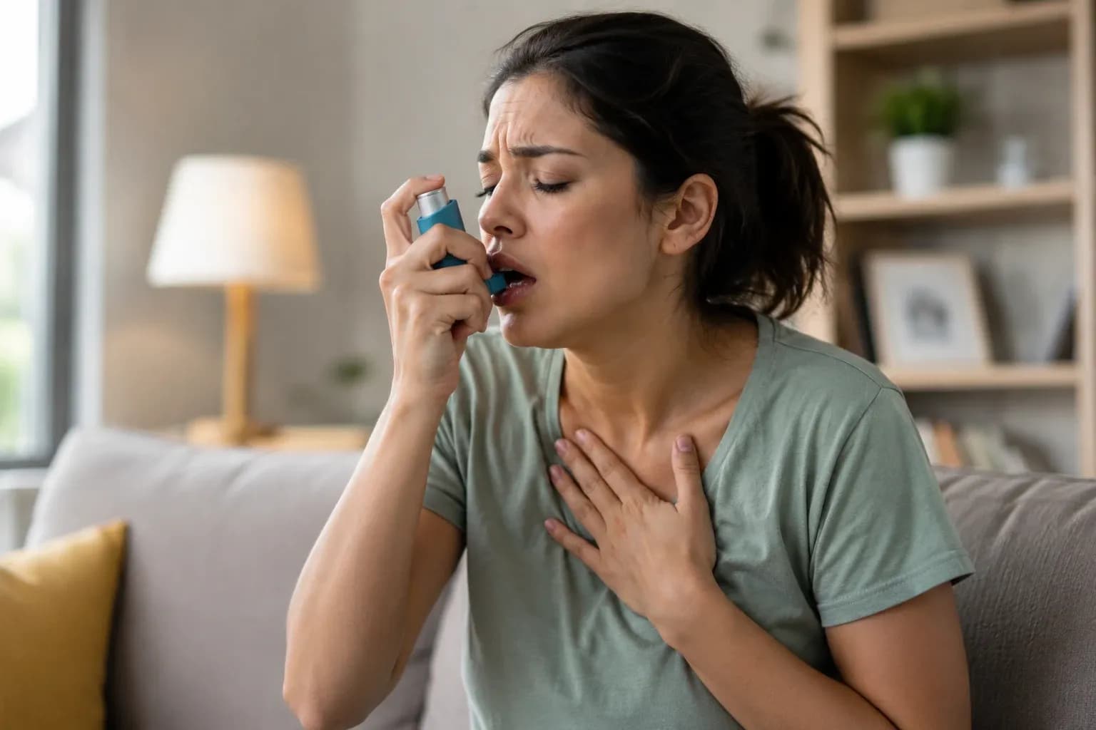 Woman experiencing an asthma flare-up using an inhaler.