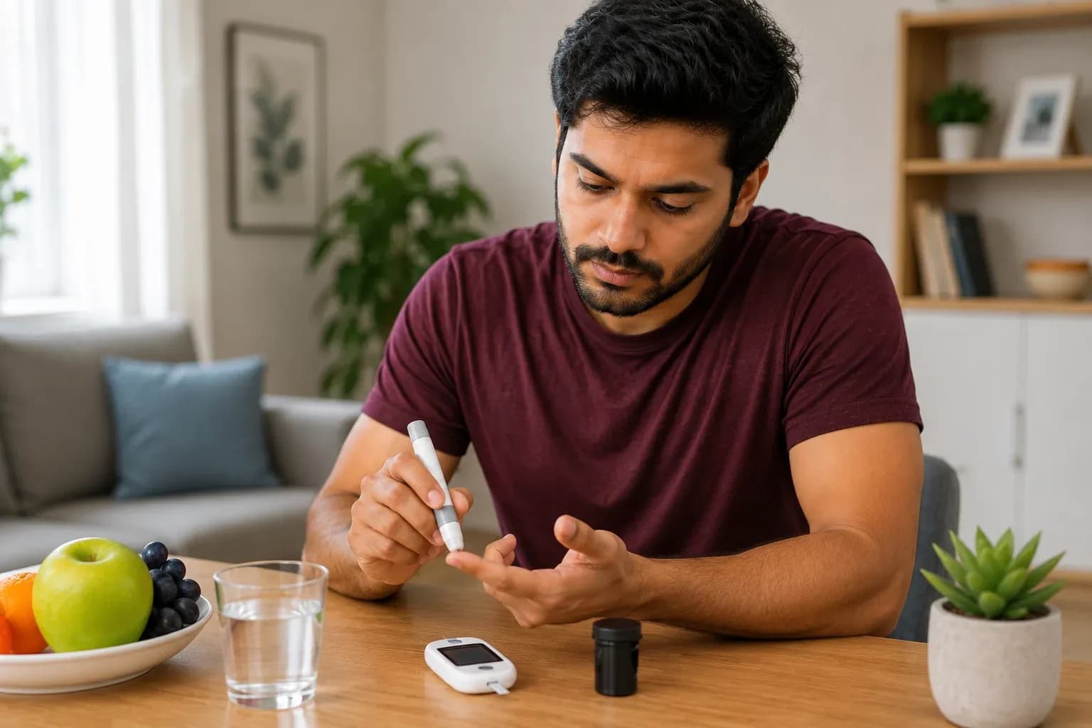 Man monitoring diabetes at home using a glucometer