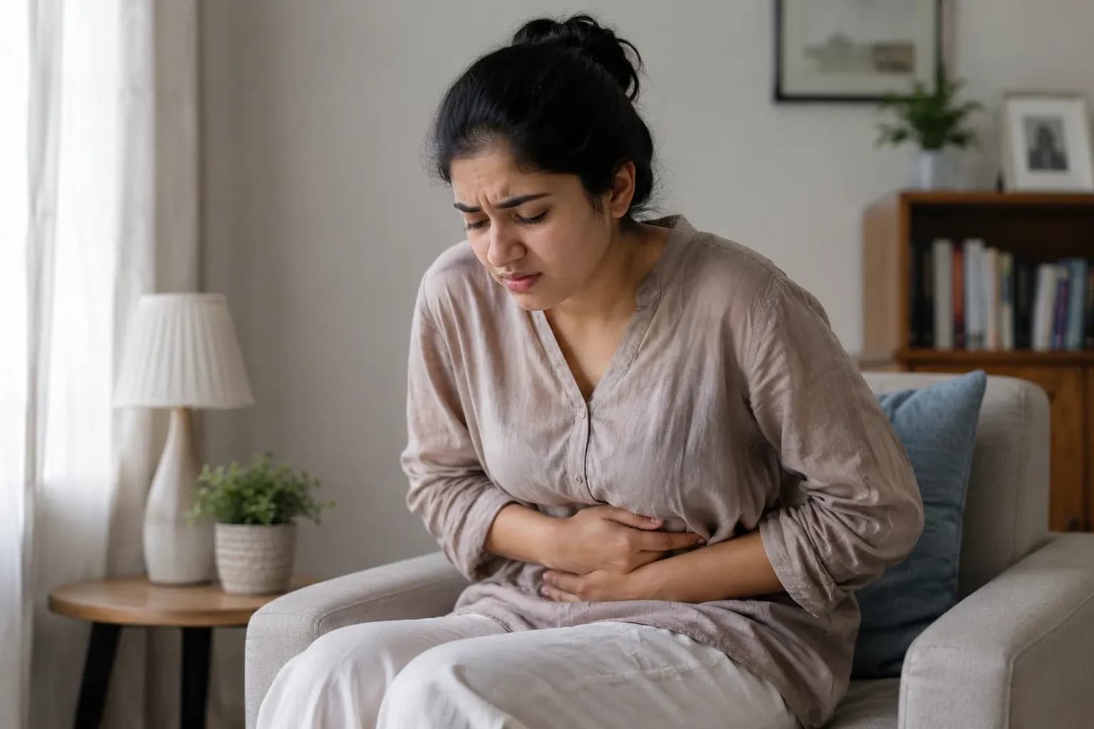 Woman experiencing diarrhoea symptoms