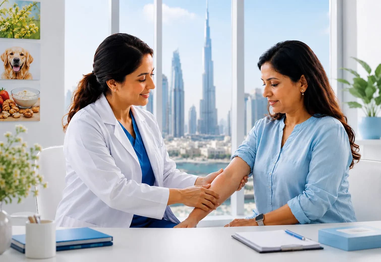 Friendly doctor consulting with a South Asian woman with mild skin allergy redness in a bright modern Dubai clinic with subtle allergy-related elements in the background.