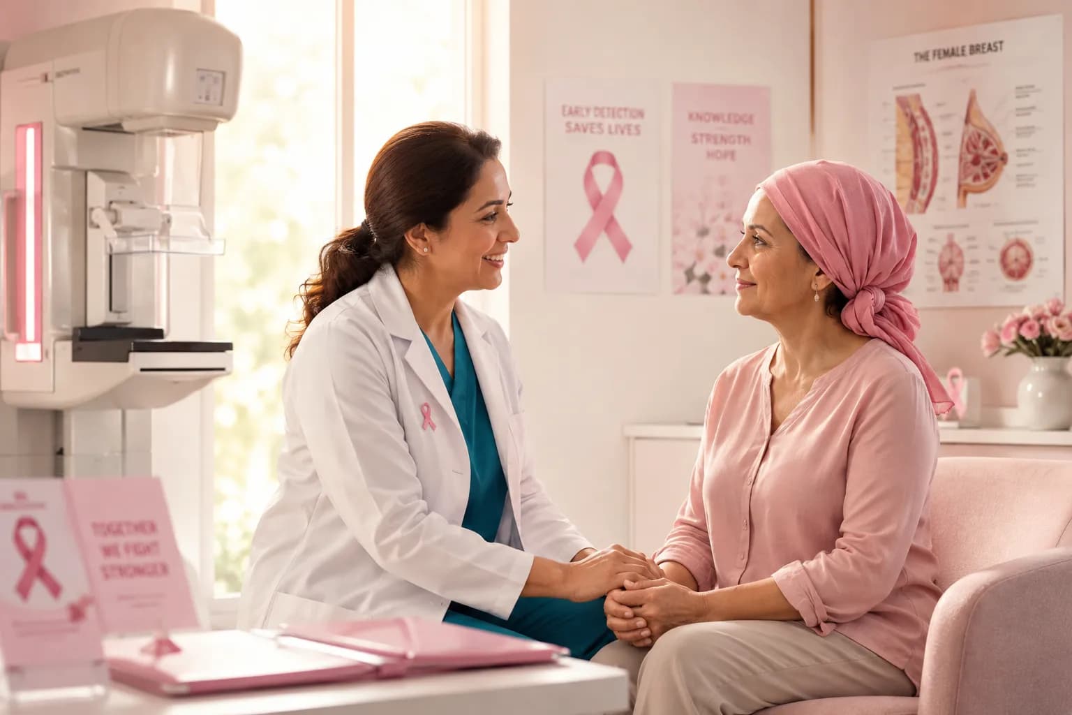 Female doctor providing compassionate breast cancer consultation to a middle-aged woman in a warm clinical setting with breast health awareness elements.