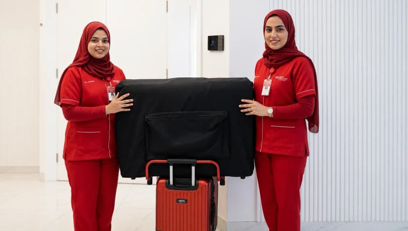 Female physiotherapists in red uniforms with mobile treatment equipment for at-home care