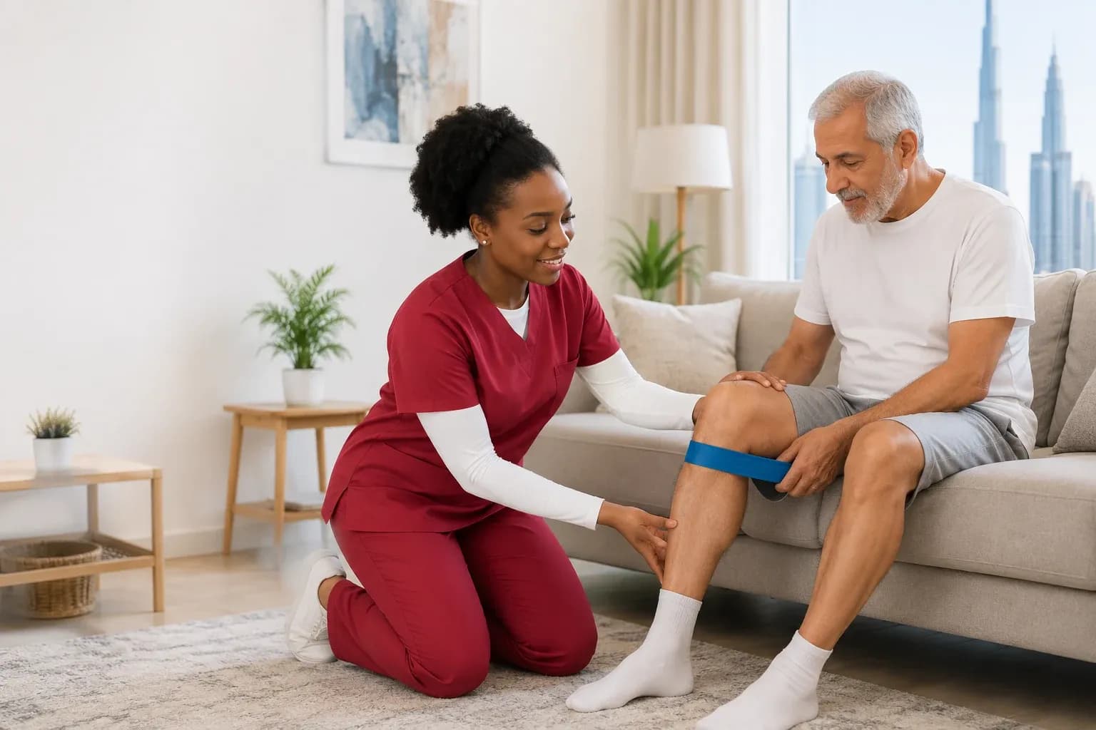 Physiotherapist treating an elderly patient's knee pain during a home visit in Dubai