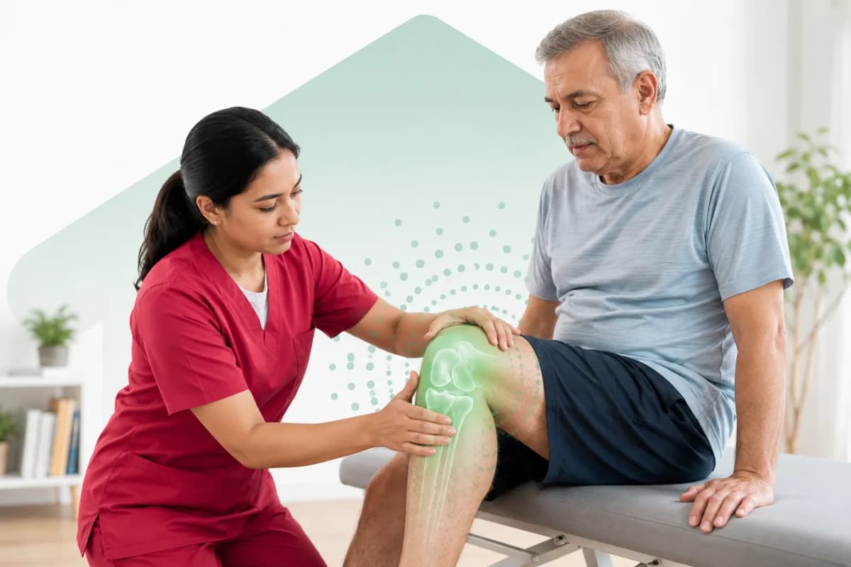 Physiotherapist examining a patient's knee for personalised knee pain treatment at home in Dubai