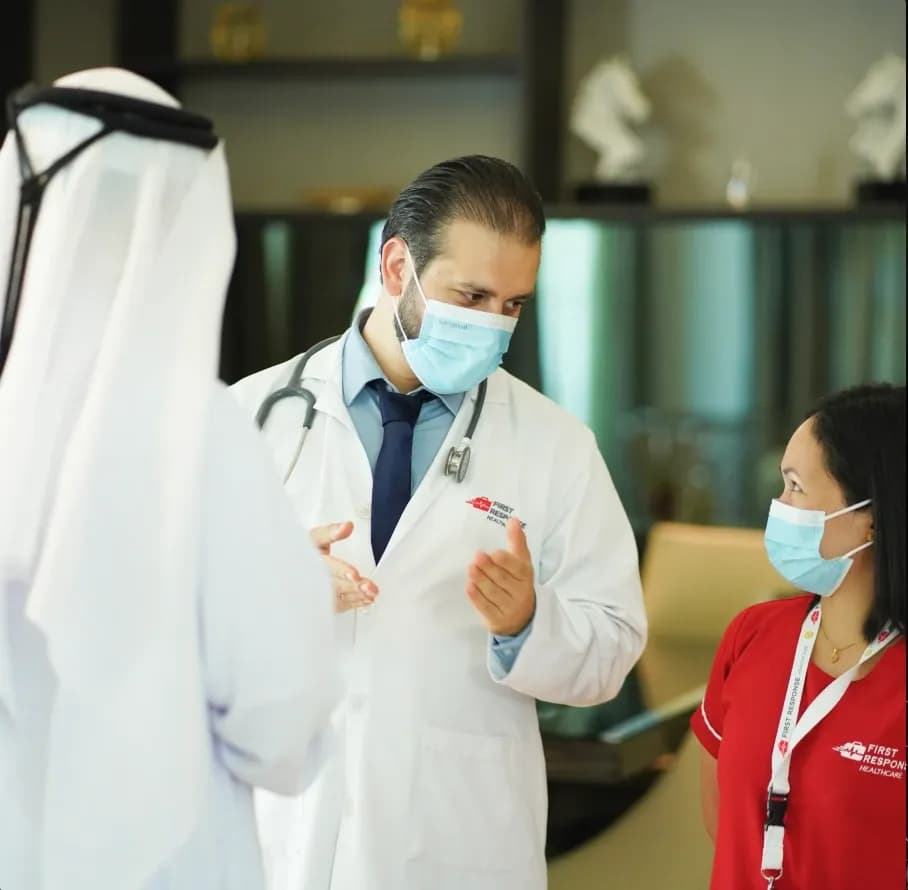 First Response Healthcare doctor during a home visit consultation in Abu Dhabi