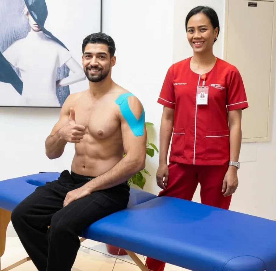 DHA-licensed physical therapist providing specialized kinesiology taping for shoulder pain management during an at-home physiotherapy visit in Dubai.