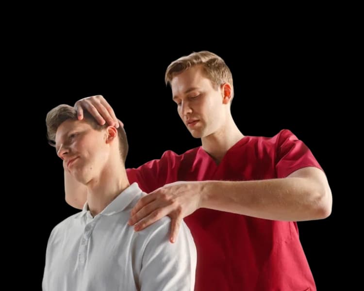 A professional therapist providing targeted musculoskeletal physical therapy for neck and back pain relief at a patient's home in Dubai by First Response Healthcare.