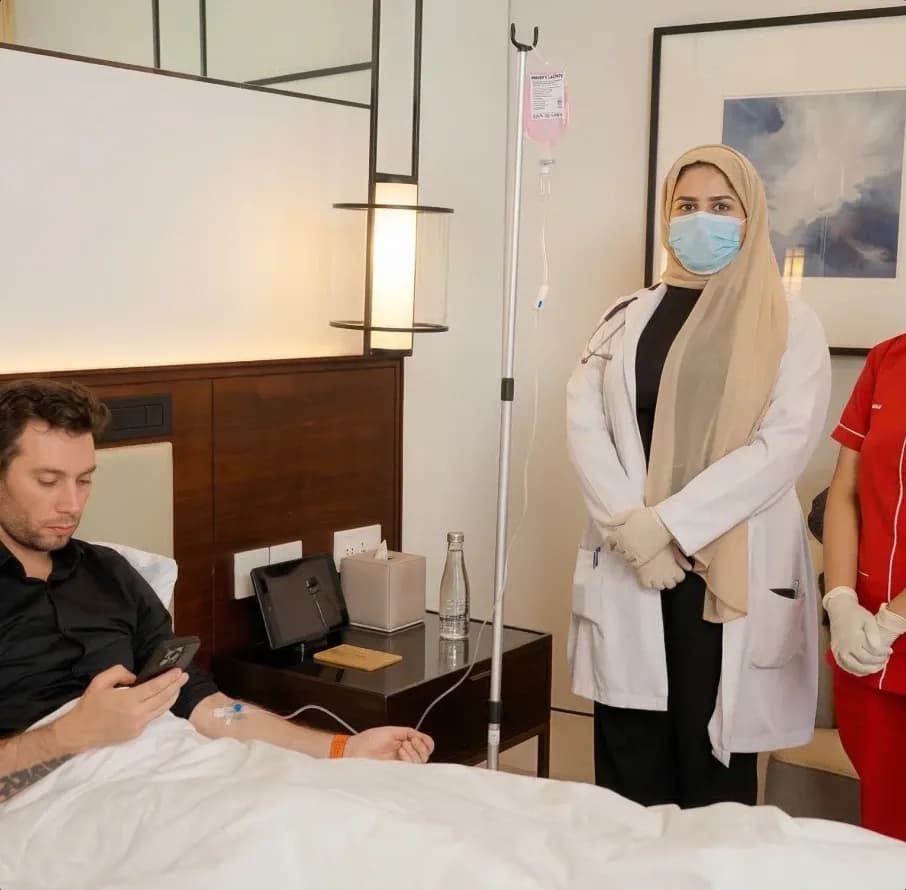 First Response Healthcare nurse administering IV therapy to a patient in a hotel room in Dubai