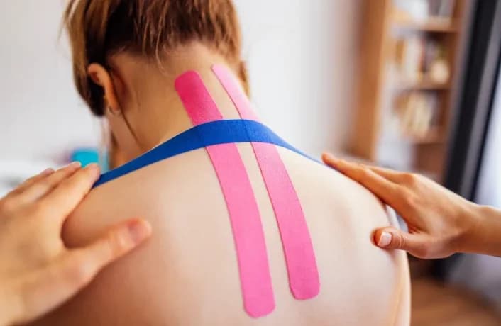 A physical therapist applying supportive pink and blue kinesiology tape to a patient's upper back and shoulder to stabilize muscles.