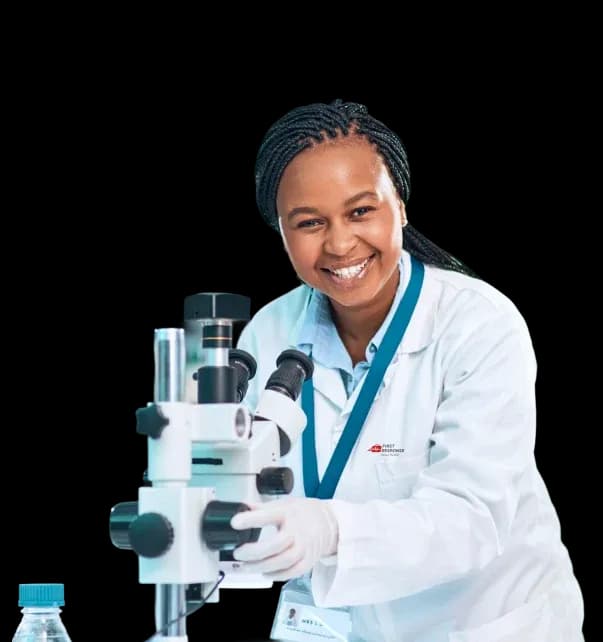 Lab technician with microscope providing home blood testing service in Dubai