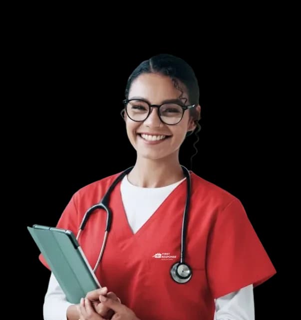 First Response Healthcare nurse in uniform ready to provide home nursing services in Dubai