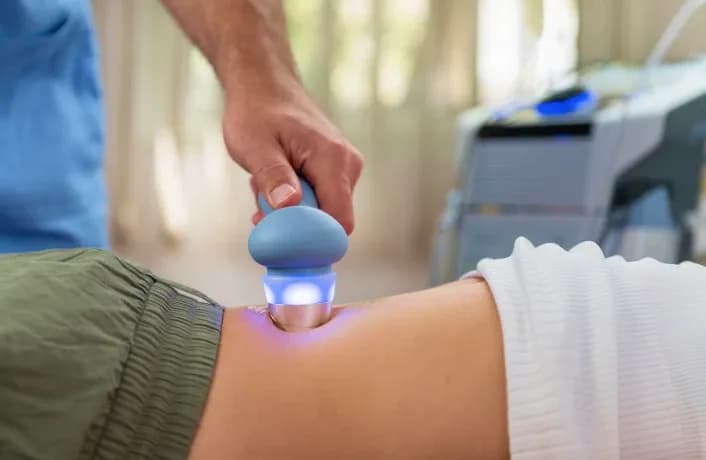 First Response Healthcare specialist using an advanced ultrasound therapy device during a home physiotherapy session in Dubai to reduce joint inflammation.