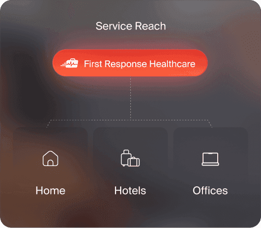 First Response Healthcare brand reach map showing widespread hotel and home medical service coverage.