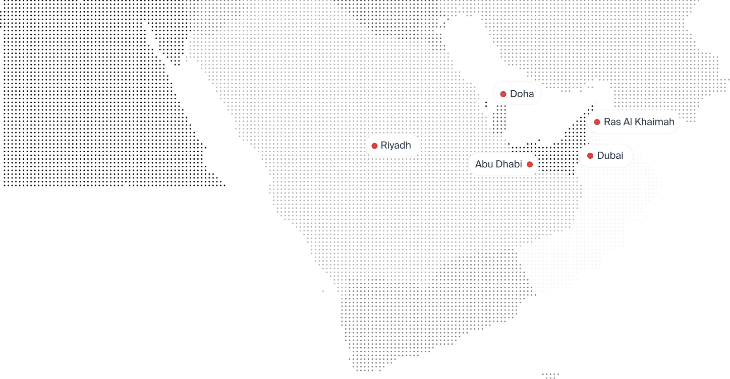 Middle East regional growth map highlighting First Response Healthcare trusted medical services across Dubai, Abu Dhabi, Ras Al Khaimah, Doha, and Riyadh.