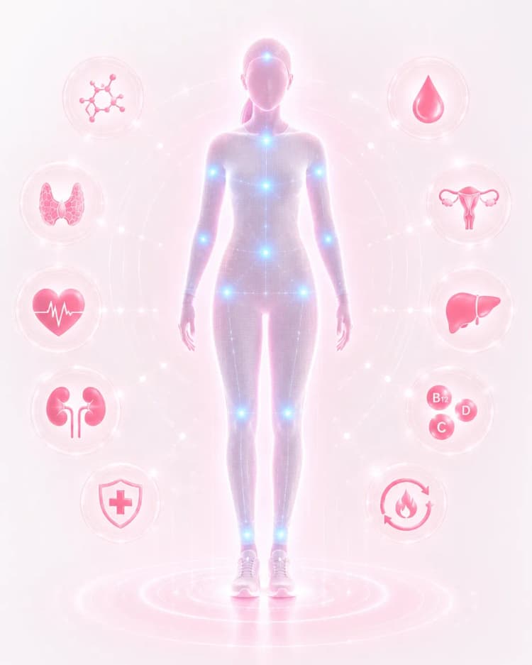 Illustration showing 300+ biomarkers analyzed in a full body health checkup for women in Dubai