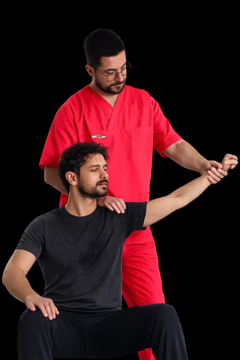Physiotherapist providing 24/7 shoulder and arm mobility assessment for patient