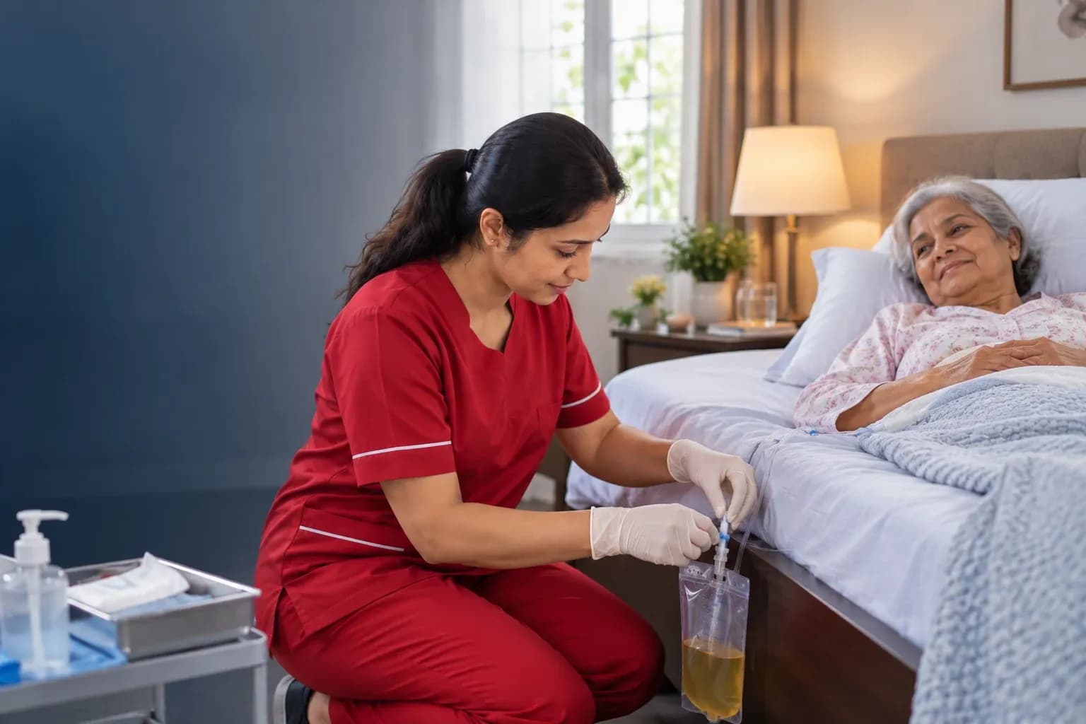 Elderly female patient receiving professional home catheter care from a nurse.