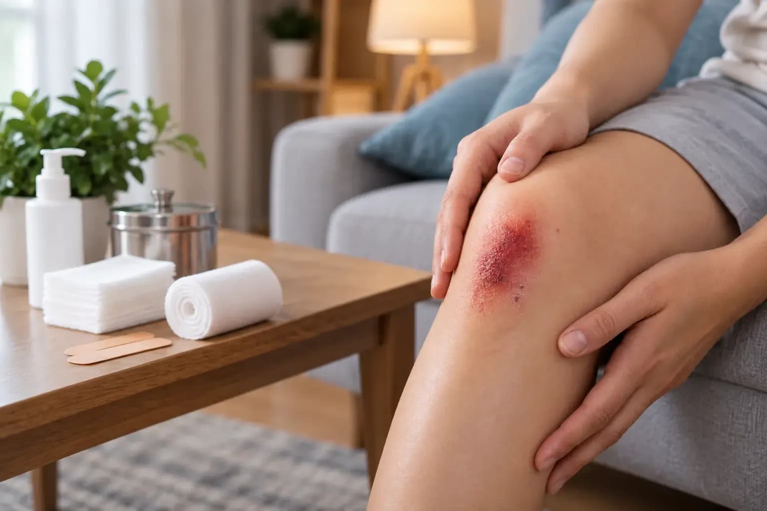 Wound dressing and care for an injured knee at home in Dubai
