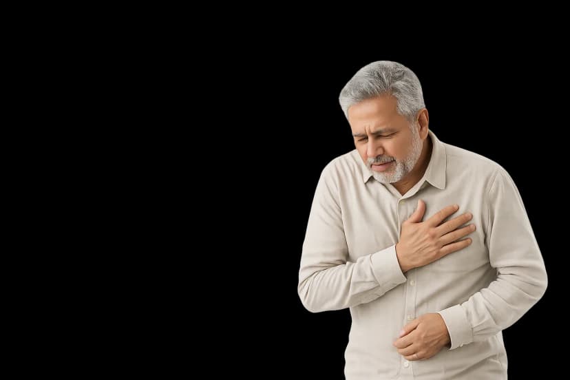 Senior man experiencing chest discomfort, highlighting the need for a full body checkup at home in Dubai