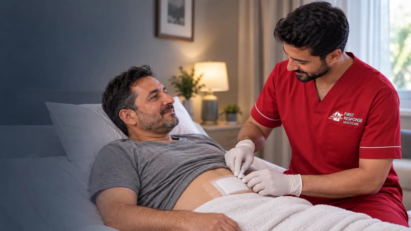 Male nurse providing post-surgical catheter care at home in Dubai.