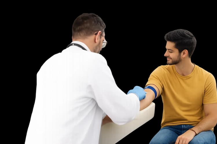 Nurse collecting a blood sample from a male patient during a home health checkup in Dubai