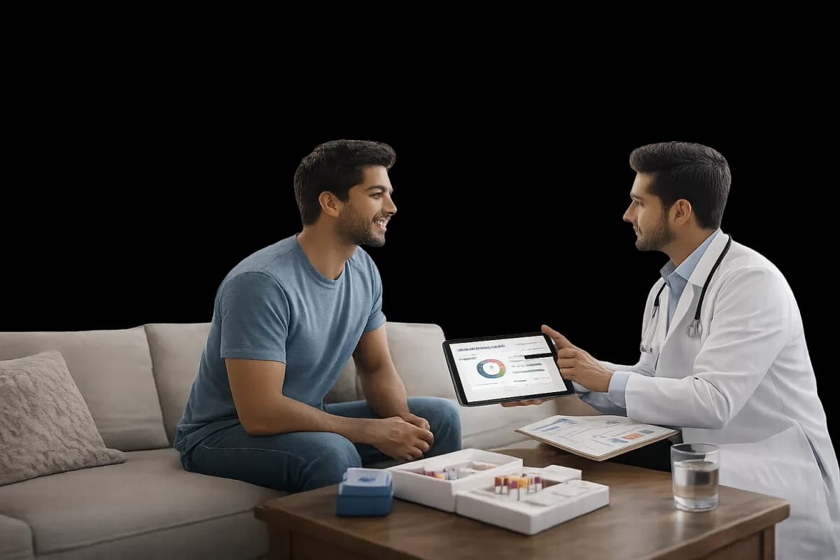 Doctor reviewing health checkup report with a patient during a home visit in Dubai
