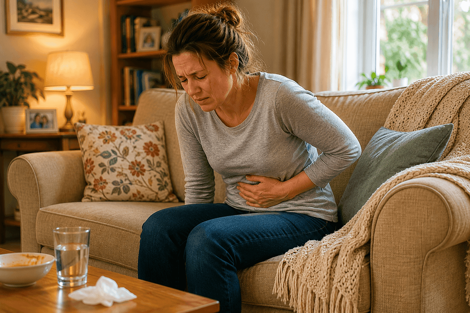 Woman experiencing stomach pain and food poisoning symptoms caused by extreme heat in Dubai
