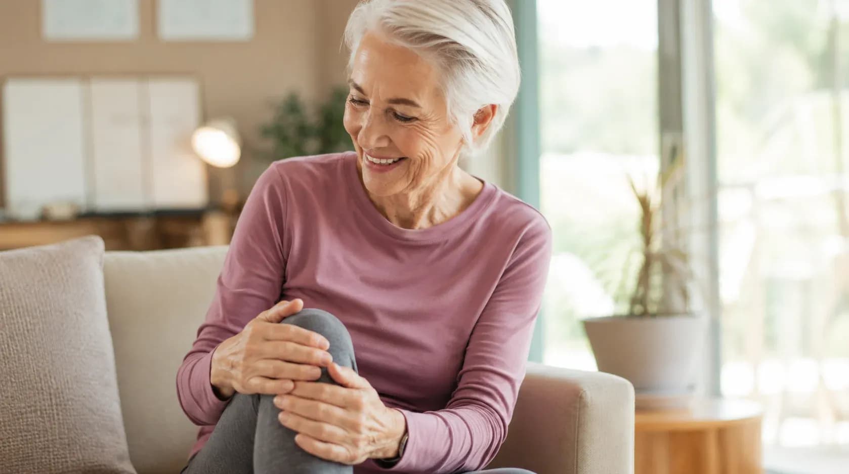 Elderly woman comfortably holding her knee after choosing FRH for knee pain physiotherapy at home in Dubai