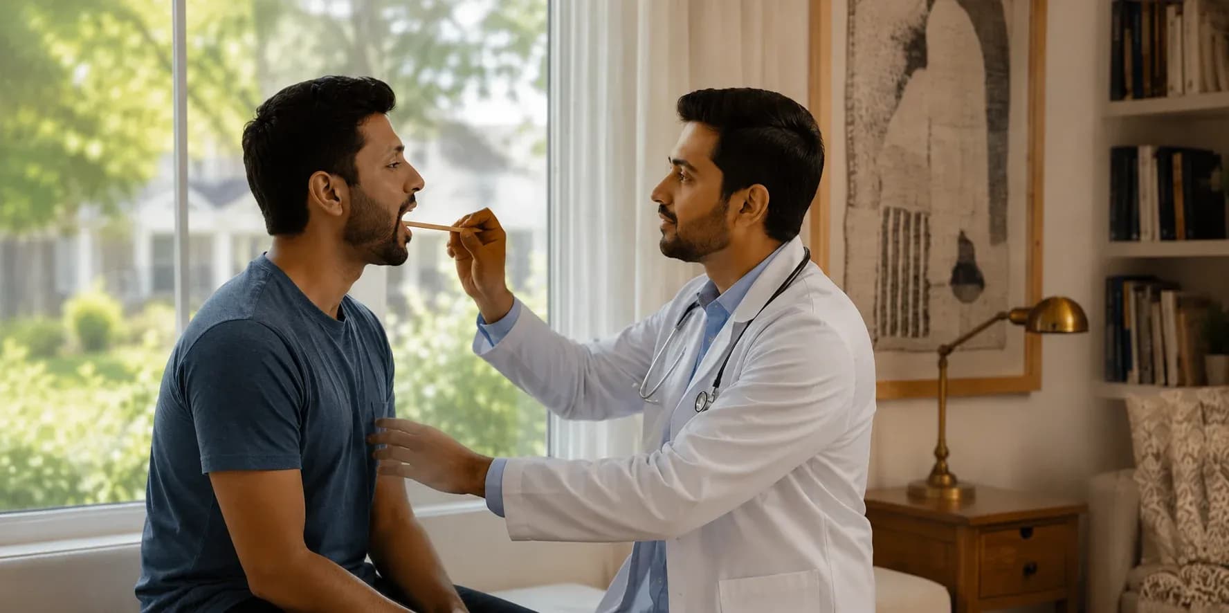 Doctor examining a male patient during a full body health checkup at home in Dubai