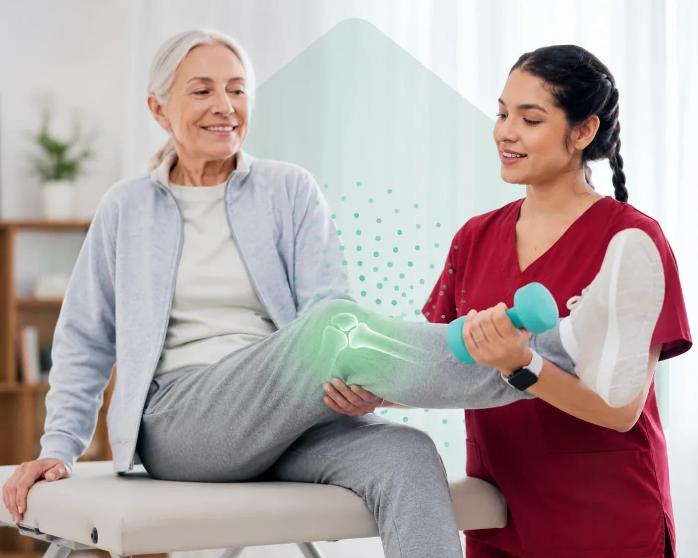 Physiotherapist guiding an elderly patient through knee strengthening exercises during knee pain physiotherapy at home in Dubai