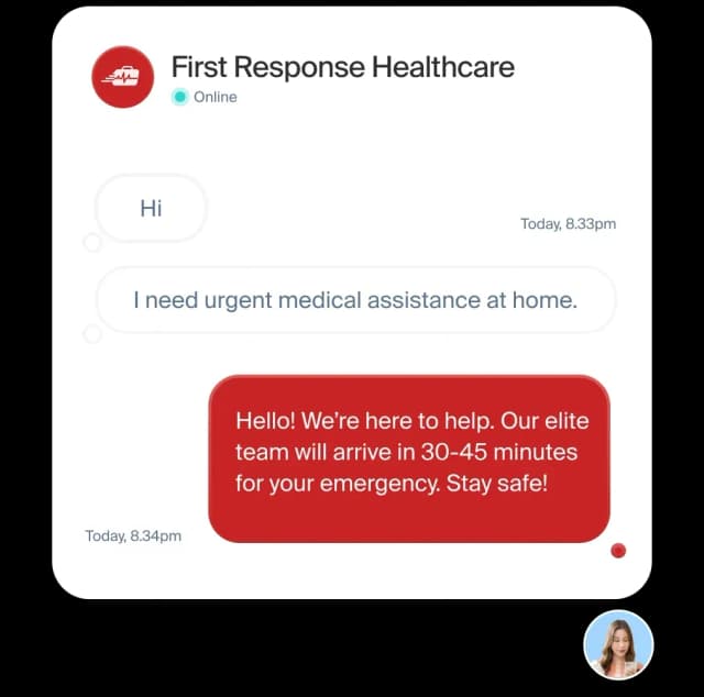 Chat conversation showing First Response Healthcare arriving within 30-45 minutes