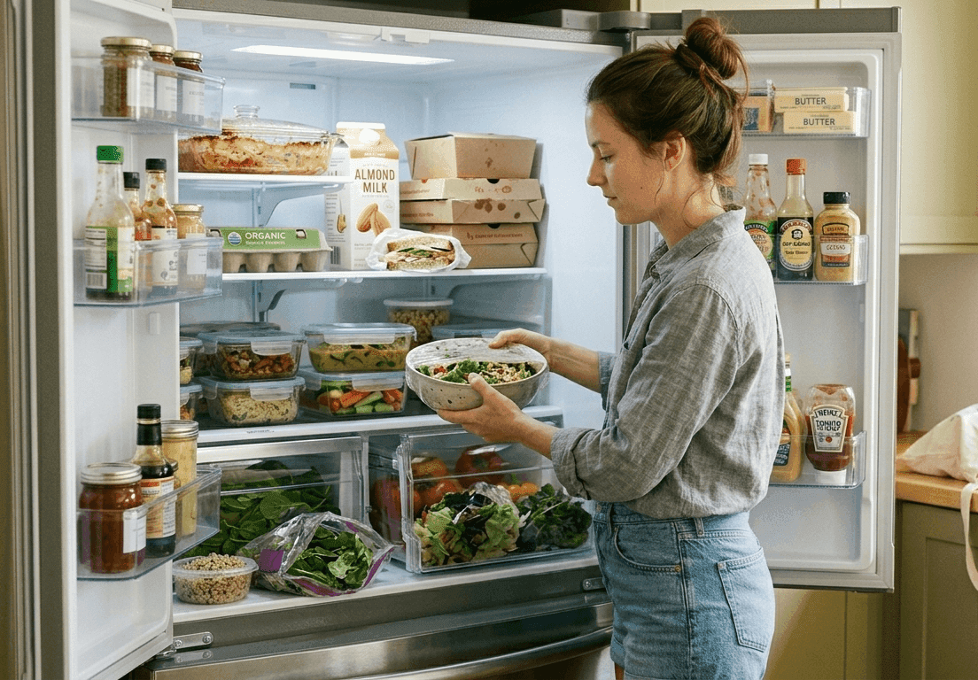 Woman storing food properly in a refrigerator to prevent food poisoning during Dubai summers
