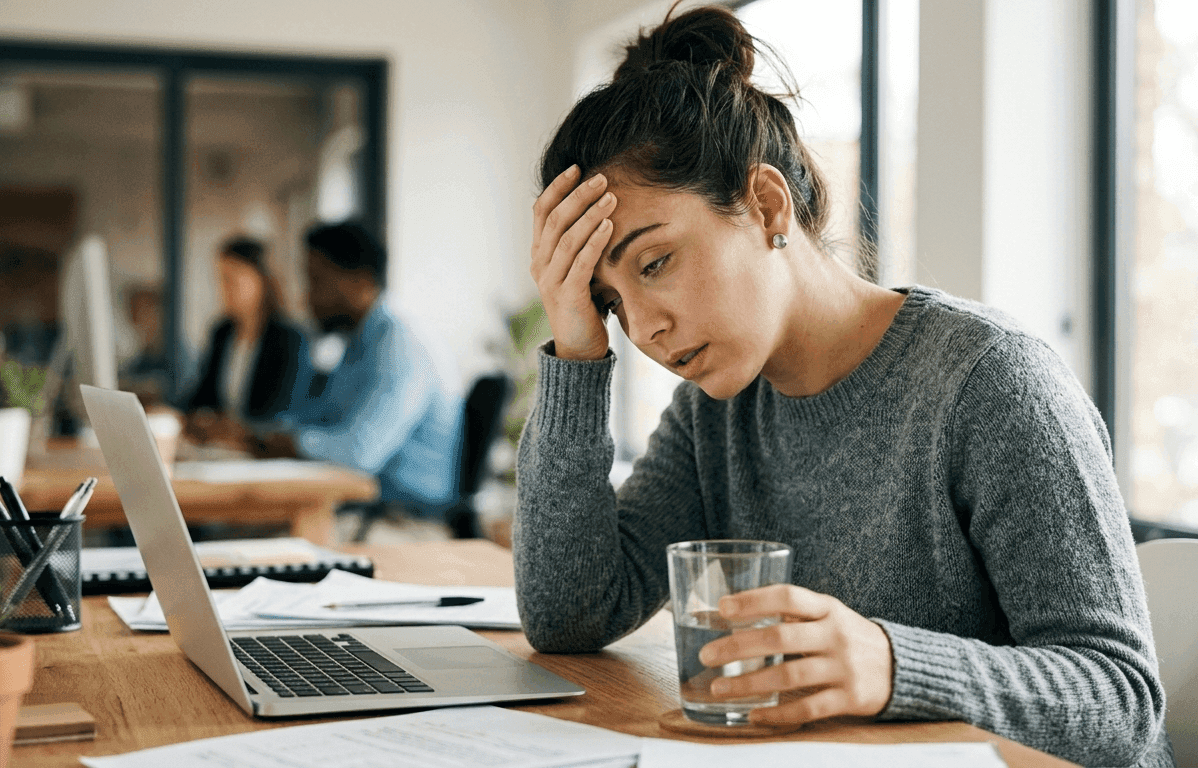 Woman experiencing dehydration symptoms at work