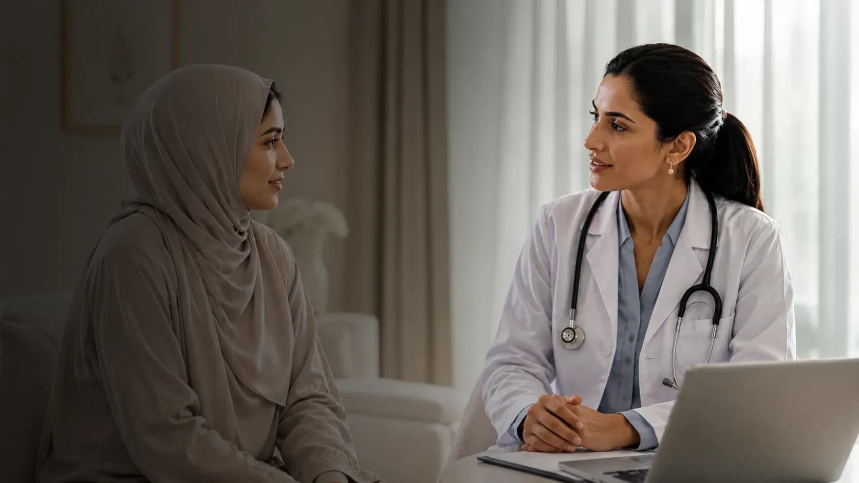 Doctor explaining full body health checkup results to a woman at home in Dubai