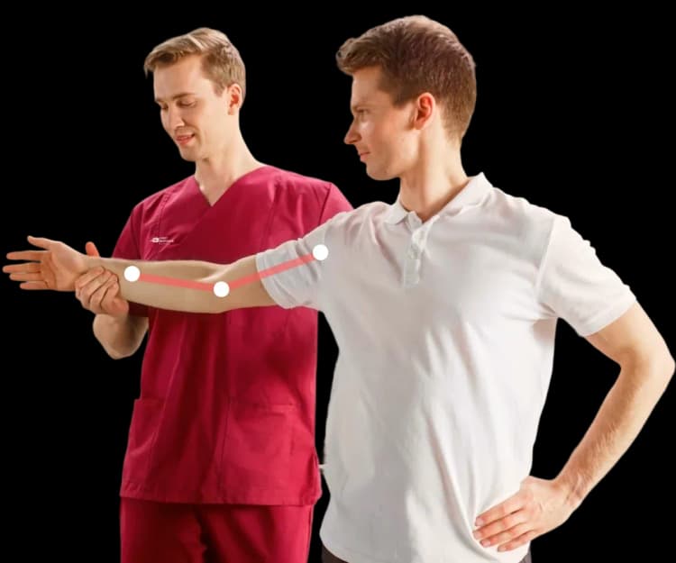 A patient practicing arm and shoulder joint mobility exercises with a home physiotherapist.