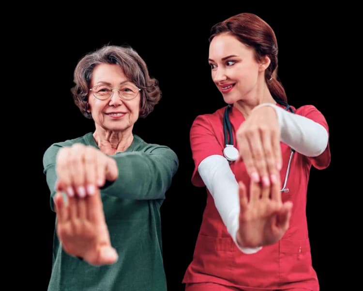 At-home geriatric physical therapy session helping senior patients manage chronic conditions and joint mobility.