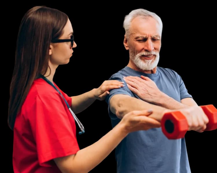 Patient undergoing guided shoulder mobility exercises with a physical therapist for frozen shoulder recovery at home in Dubai.