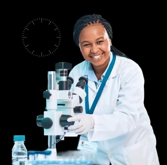 First Response Healthcare lab technician with microscope for rapid at-home testing and priority reports in Dubai