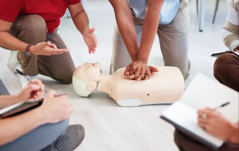 Healthcare professionals practicing team-based chest compressions on an adult CPR manikin during a Basic Life Support (BLS) certification course.