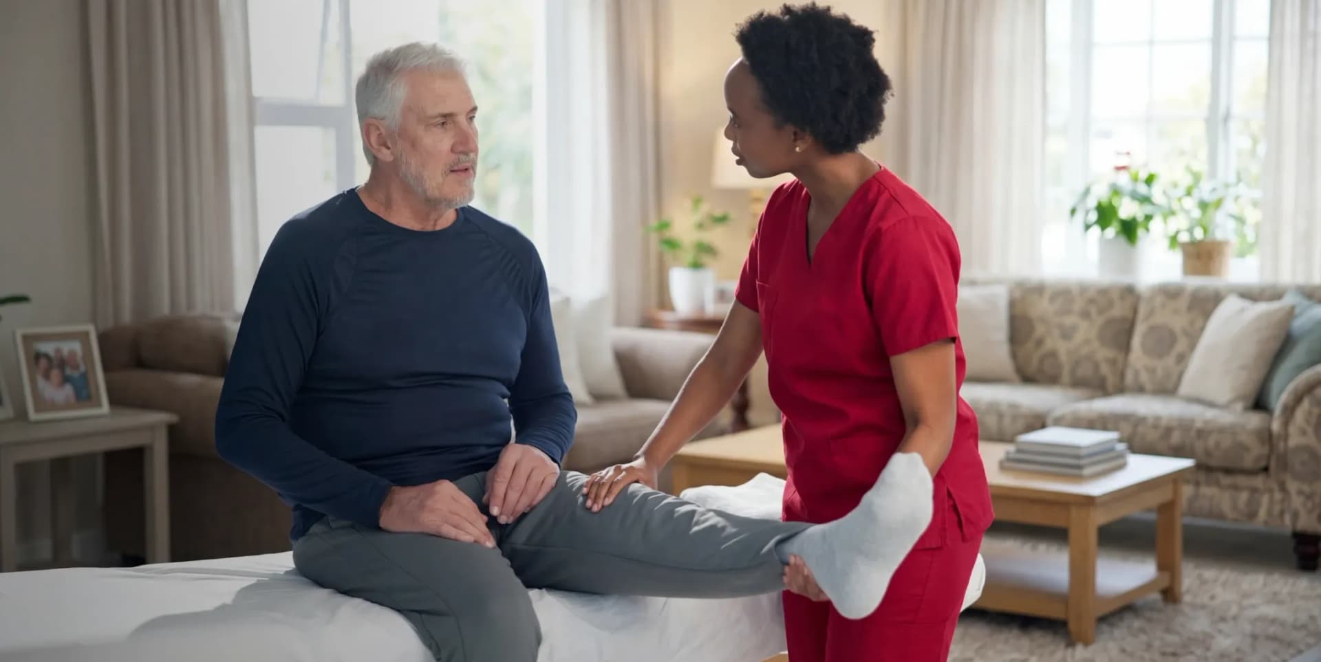 At-home geriatric physical therapy session helping senior patients improve muscle strength and overall physical coordination.