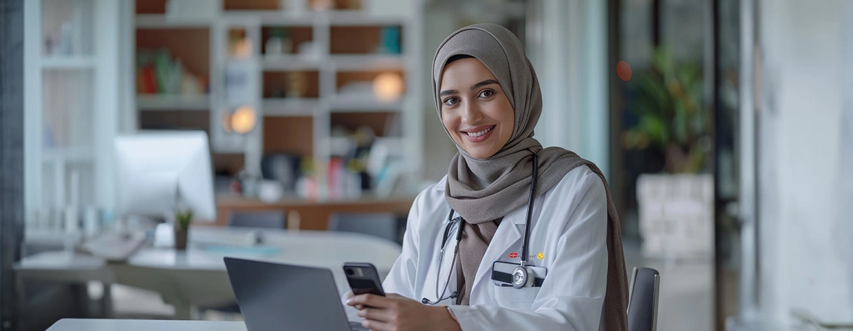 A doctor with a smiling face with a phone in her hand