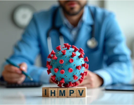 HMPV virus model on a desk with a doctor in the background