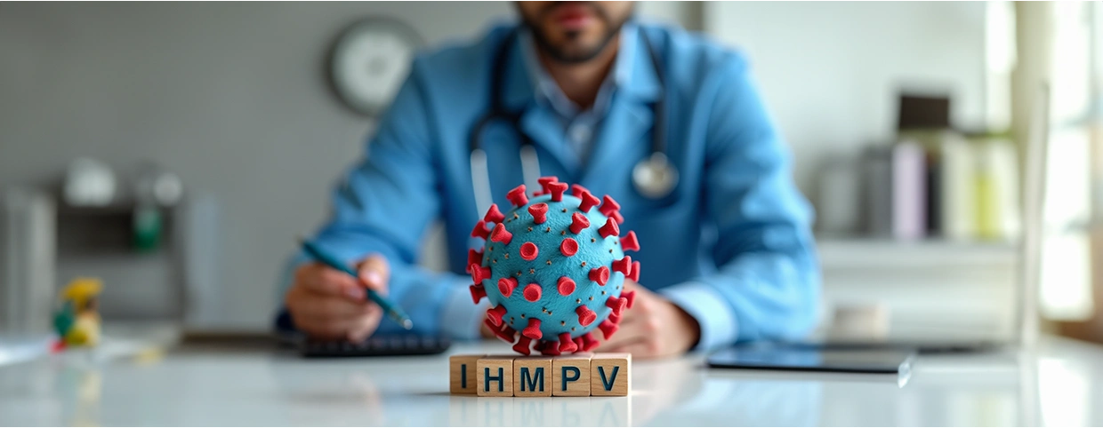 HMPV virus model on a desk with a doctor in the background